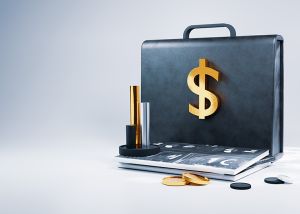 briefcase standing up with a gold dollar sign on it