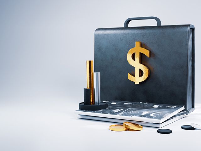 briefcase standing up with a gold dollar sign on it